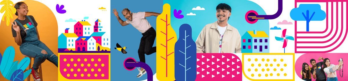 Employees posing withing a graphic of fun shapes and colors.